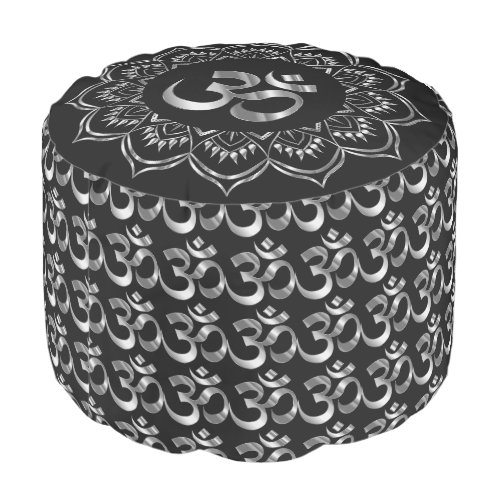 Silver Lotus Mandala With Silver OM Symbol Pouf