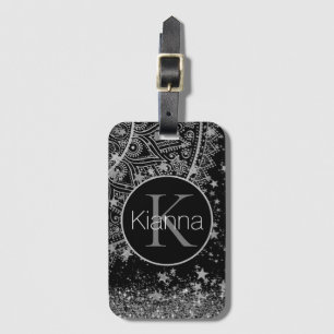 Silver Lotus Mandala with Silver Stars Monogram Luggage Tag