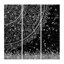 Silver Lotus Mandala with Silver Stars on Black