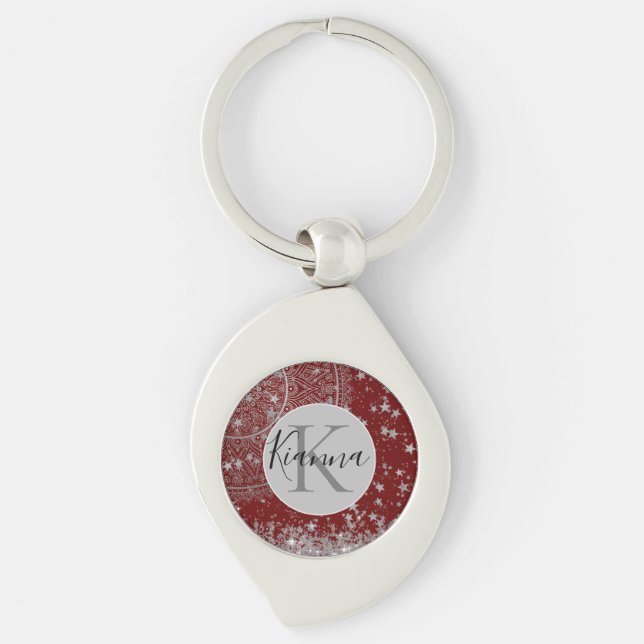 Silver Lotus Mandala with Silver Stars on Red Keychain (Front)