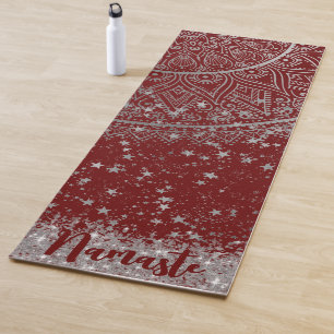 Silver Lotus Mandala with Silver Stars on Red Yoga Mat