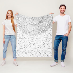 Silver Lotus Mandala with Silver Stars on White Fleece Blanket