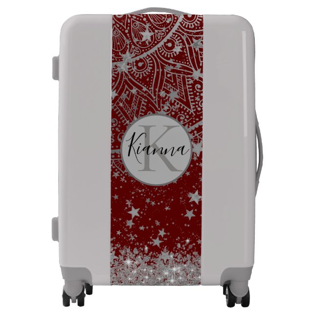 Silver Lotus Monogram Mandala with Silver Stars Luggage (Front)