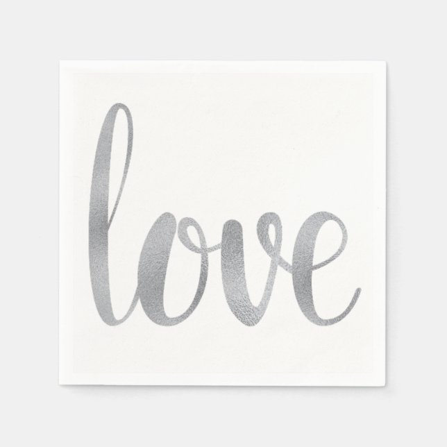 Silver love cocktail napkins, foil font paper napkins (Front)