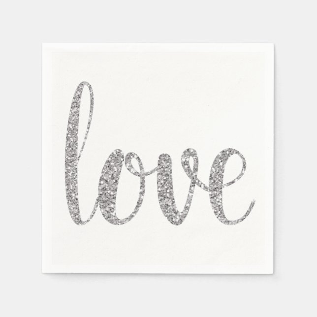 Silver love cocktail napkins, glitter font paper napkins (Front)