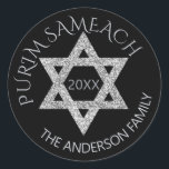 Silver Magen David Custom Purim Any Holiday Classic Round Sticker<br><div class="desc">Create your own custom Purim stickers with this elegant faux silver glitter Magen David design or edit PURIM SAMEACH for any holiday or occasion. The gray silver Star of David is accented by an optional year in dark silvery gray in the center and two soft gray silver text templates in...</div>