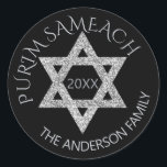 Silver Magen David Custom Purim Any Holiday Classic Round Sticker<br><div class="desc">Create your own custom Purim stickers with this elegant faux silver glitter Magen David design or edit PURIM SAMEACH for any holiday or occasion. The gray silver Star of David is accented by an optional year in dark silvery gray in the center and two soft gray silver text templates in...</div>