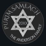 Silver Magen David Custom Purim Any Holiday Classic Round Sticker<br><div class="desc">Create your own custom Purim stickers with this elegant faux silver glitter Magen David design or edit PURIM SAMEACH for any holiday or occasion. The gray silver Star of David is accented by an optional year in dark silvery gray in the center and two soft gray silver text templates in...</div>