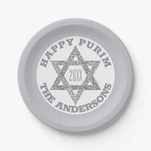 Silver Magen David Star Happy Purim Party Paper Plates