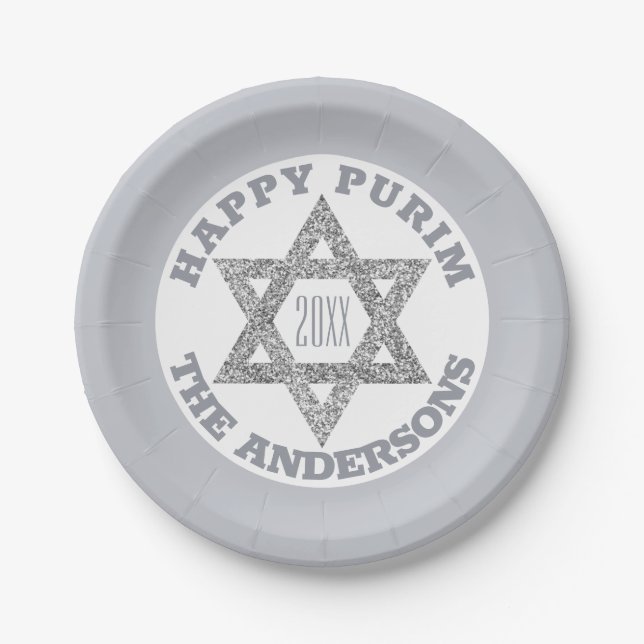 Silver Magen David Star Happy Purim Party Paper Plates (Front)