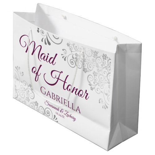 Silver  Magenta on White Maid of Honor Wedding Large Gift Bag