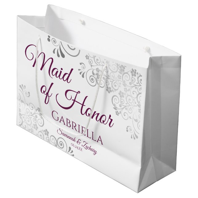 Silver & Magenta on White Maid of Honor Wedding Large Gift Bag (Front Angled)