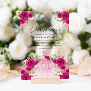 Silver Magenta Pink Dress Floral 15th Quinceañera Acrylic Invitations