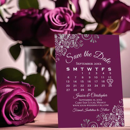 Silver  Magenta Simple Elegant Wedding Calendar Save The Date