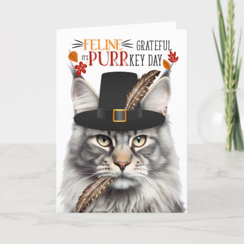 Silver Maine Coon Cat Grateful for PURRkey Day Holiday Card