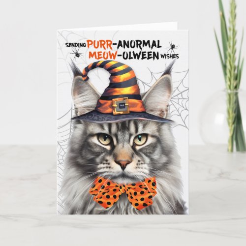 Silver Maine Coon Cat PURRanormal MEOWolween Holiday Card