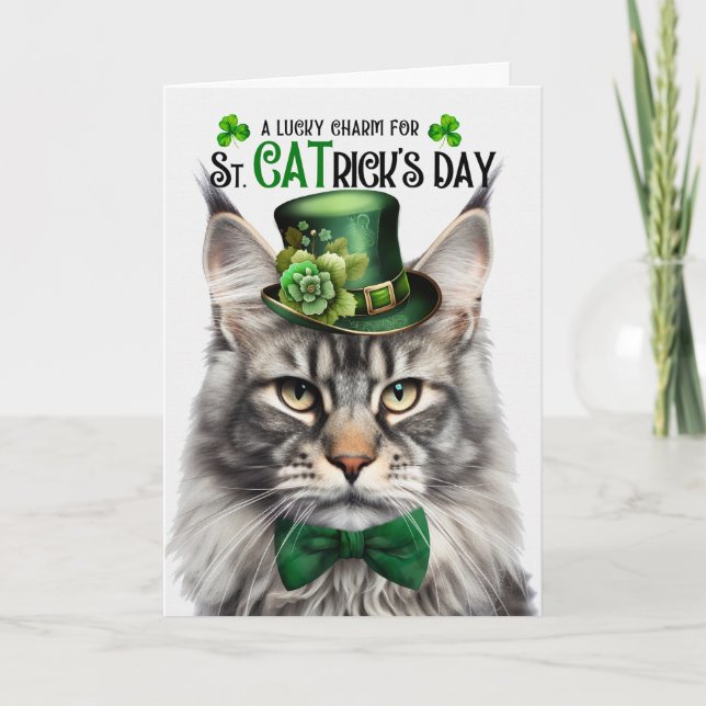 Silver Maine Coon St CATrick's Day Lucky Charm Holiday Card (Front)