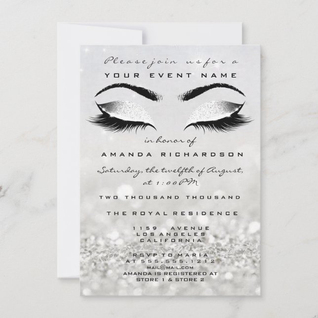 Silver Makeup White Glitter 16th Bridal Shower Invitation (Front)