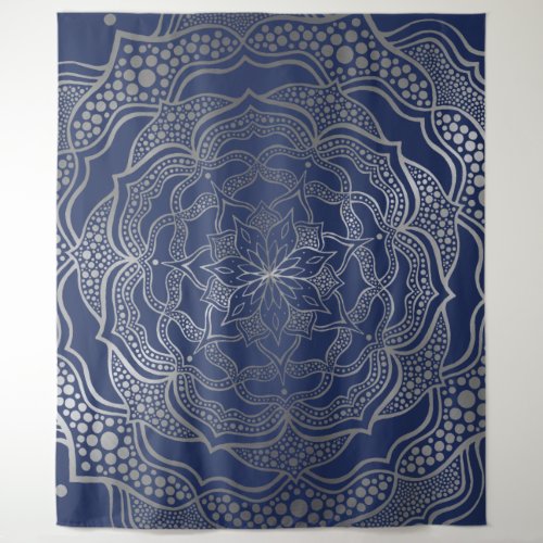 Silver Mandala Boho Chic Elegant Navy Blue Elegant Tapestry