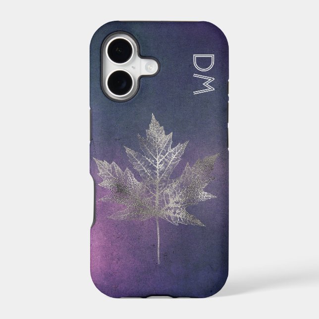 Silver Maple Leaf on Pink Purple Monogram   iPhone Case (Back)