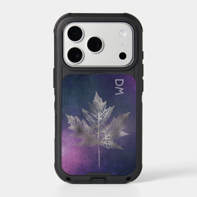 Silver Maple Leaf on Pink Purple Monogram   Otterbox iPhone Case (Back)