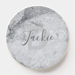 Silver Marble and Glitter Sparkle Monogrammed PopSocket