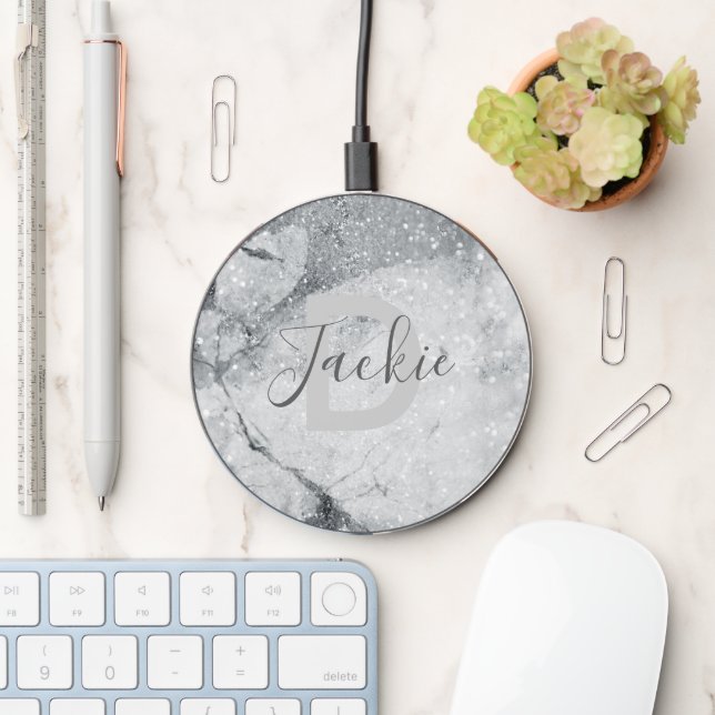 Silver Marble and Glitter Sparkle Monogrammed Wireless Charger (Desk)