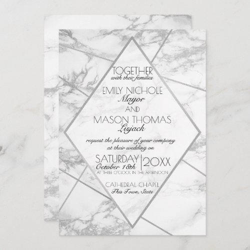 Silver Marble Art Deco Geometric Slate Wedding Invitation