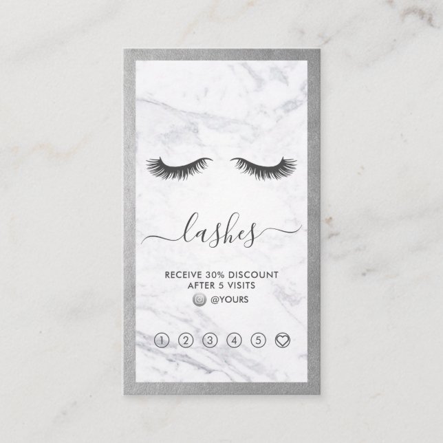 Silver & Marble Eyelash Beauty Loyalty Vertical Business Card (Front)