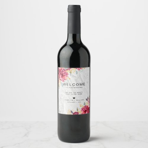 Silver Marble Floral Gold Burgundy Wedding Wine Label