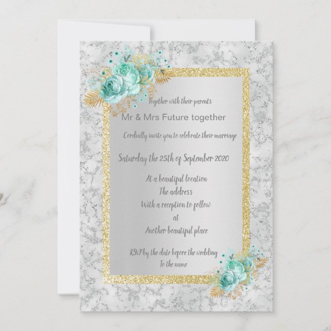 Silver marble floral wedding with aqua floral gold invitation (Front)
