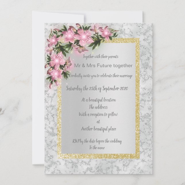 Silver marble floral wedding with pink floral gold invitation (Front)