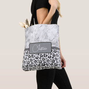 Silver Marble Glittery Silve Leopard Personalized Tote Bag