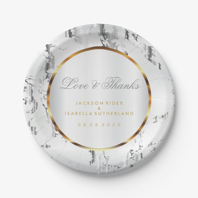 Silver Marble, Gold and White Satin Paper Plates (Front)