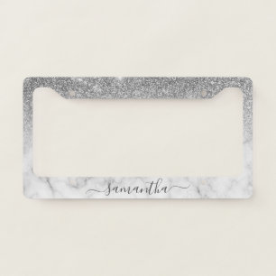 Silver Marble Ombre Custom Glitter Handwritten License Plate Frame