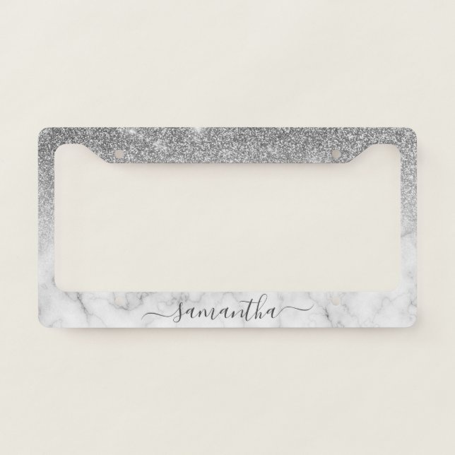 Silver Marble Ombre Custom Glitter Handwritten License Plate Frame (Front)