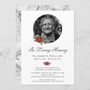 Silver Marble Red Floral Photo Memorial Service Invitation