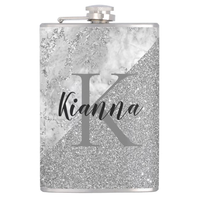 Silver Marble Silver Glitter Elegant Monogram      Flask (Front)