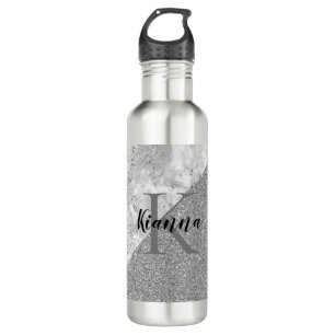 Silver Marble Silver Glitter Monogram     Stainless Steel Water Bottle