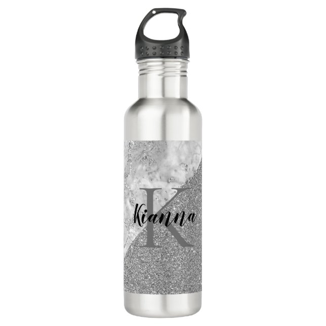Silver Marble Silver Glitter Monogram     Stainless Steel Water Bottle (Front)