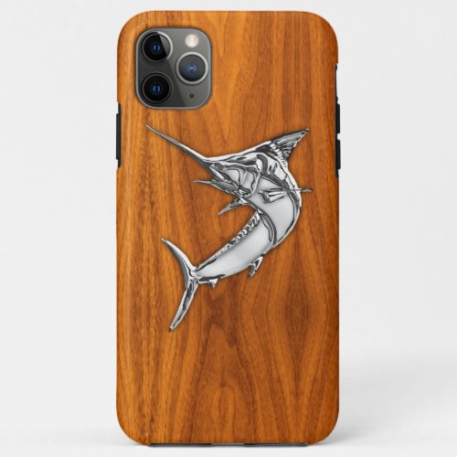 Silver Marlin on Teak Wood Grain decor iPhone 11 Pro Max Case
