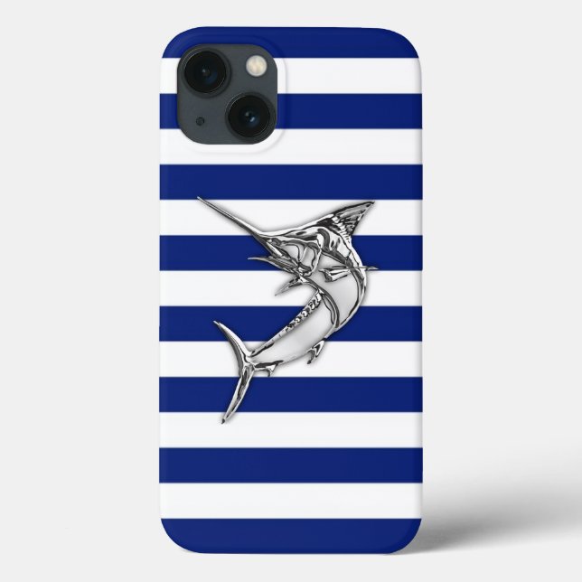 Silver Marlin Swordfish on Navy Stripes Case-Mate iPhone Case (Back)