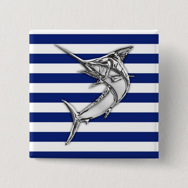 Silver Marlin Swordfish on Navy Stripes Pinback Button (Front)