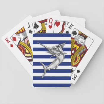Silver Marlin Swordfish On Navy Stripes Playing Cards by CaptainShoppe at Zazzle