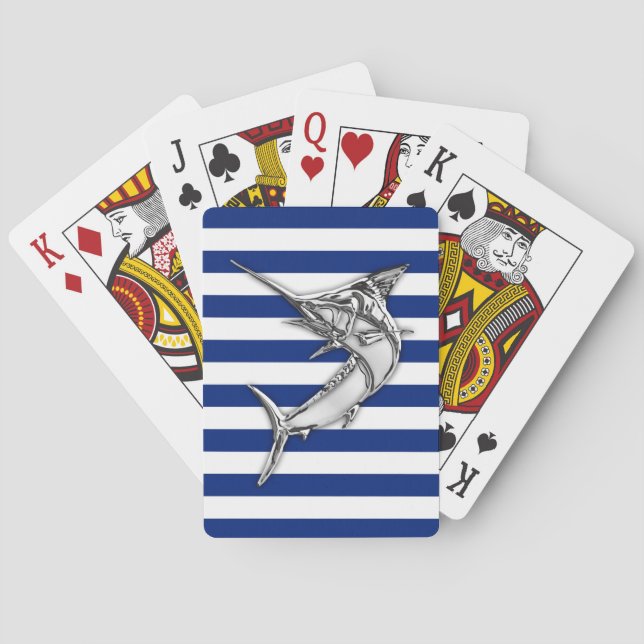 Silver Marlin Swordfish on Navy Stripes Poker Cards (Back)