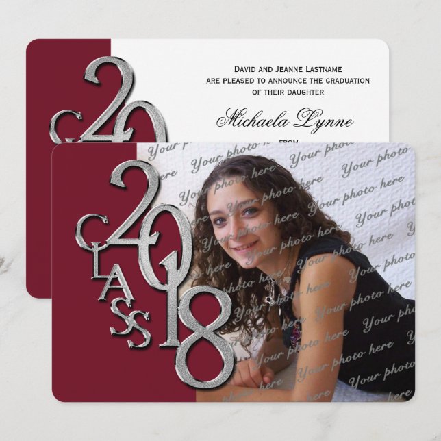 Silver Maroon 2018 Photo Graduation Invitation (Front/Back)