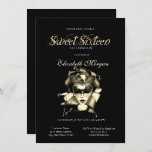 Silver Masque Black Sweet 16 Invitation