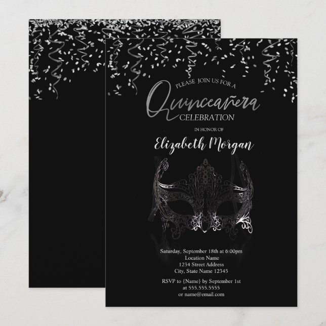 Silver Masque,Confetti Masquerade Quinceañera   Invitation (Front/Back)