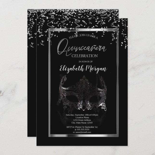 Silver Masque,Frame,Confetti Quinceañera   Invitation (Front/Back)