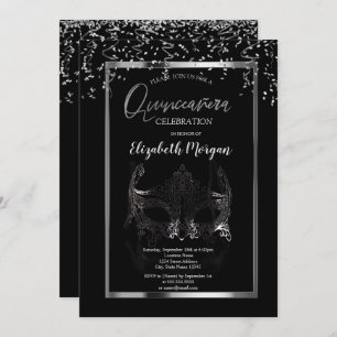 Silver Masque,Frame,Confetti Quinceañera Invitation